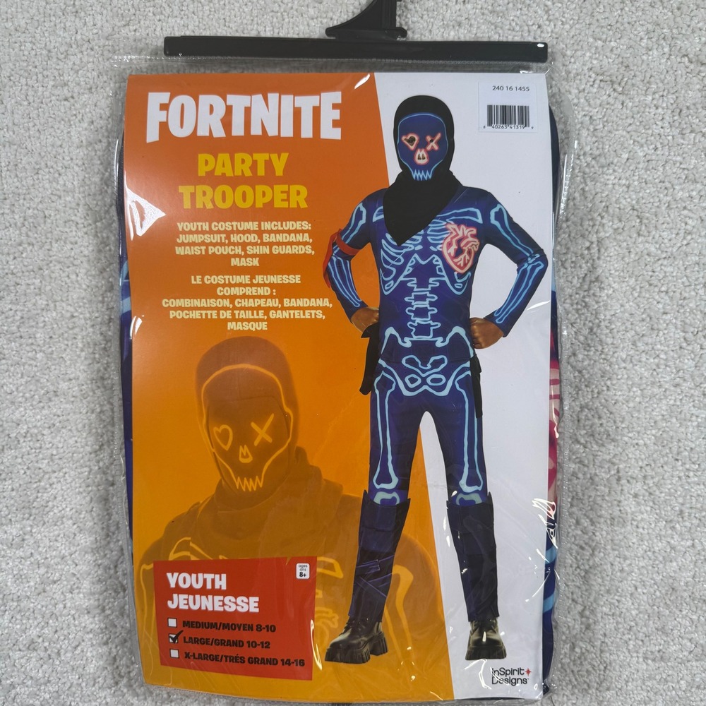 Fortnite Party Trooper Costume Youth Large 10-12 Boys Blue Skeleton